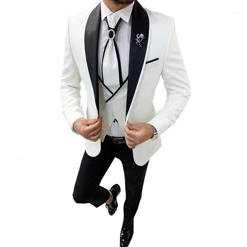 

White With Black Shawl Lapel Slim Fit Mens Suits Jacket Pants for Costume Formal Business Wedding Groom Custom Clothing1, As picture