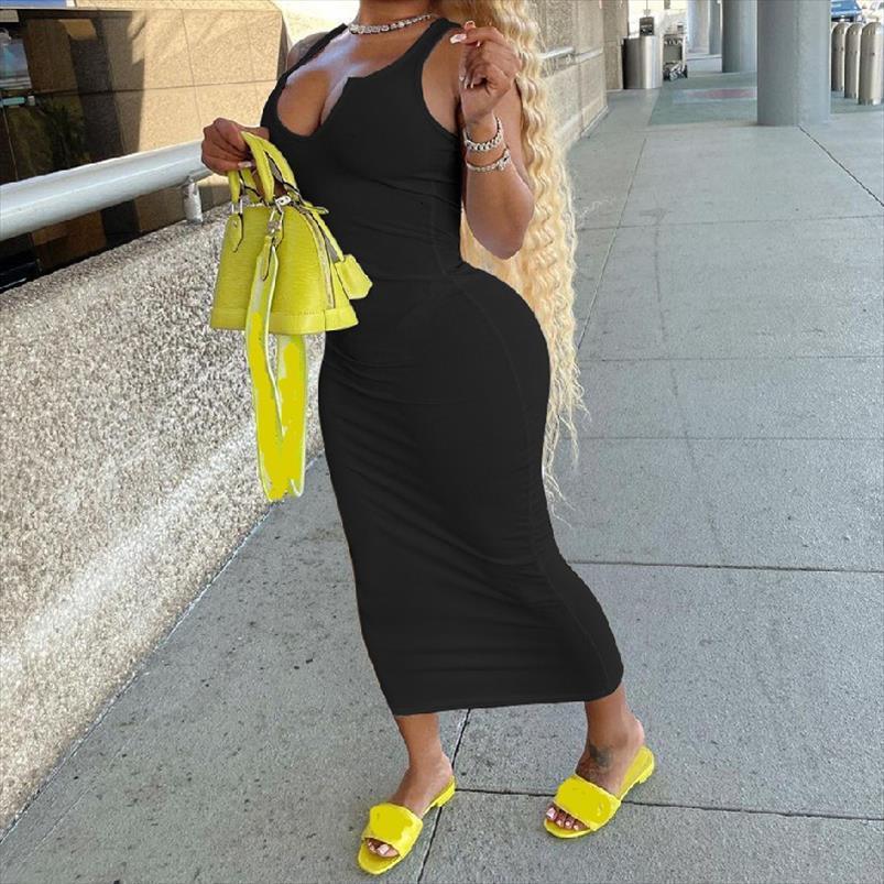 

summer long fashion solid womens dress color deep cut v neck fitting high waist casual wild daily streetwear tank, Black;gray