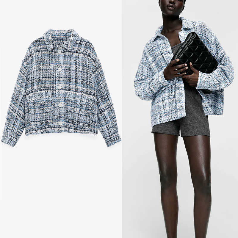 

Za Textured Weave Overshirt Jacket Women Long Sleeve Plaid Blue Spring Jackets Woman Button Up Patch Pockets Vintage Top 210602