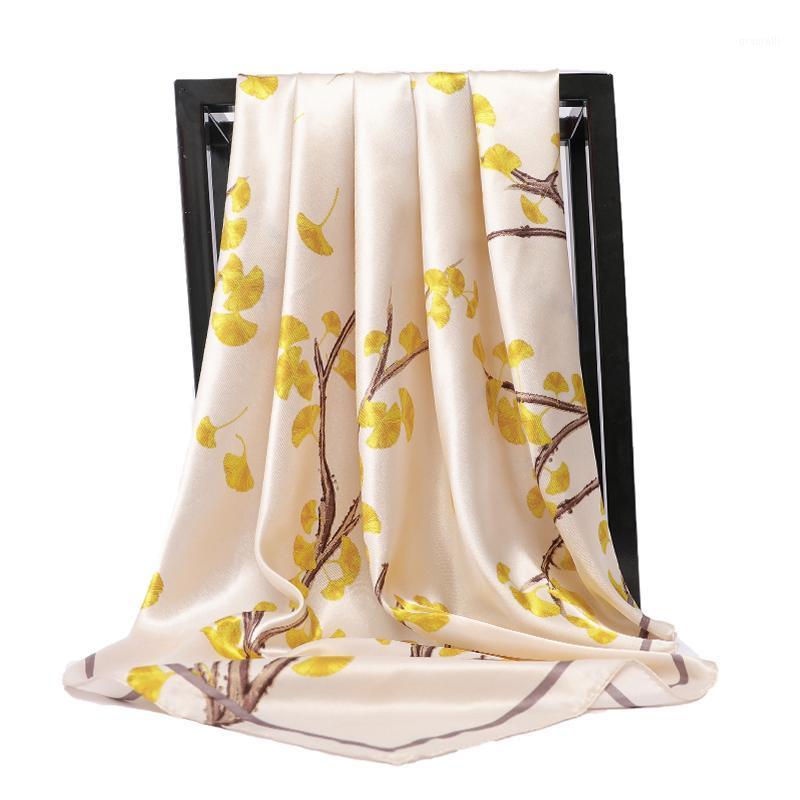 

Scarves 90X90CM Ginkgo Tree Silk Scarf Women Fashion Head Square Lady Shawls Foulard Satin Hijab, Blue;gray