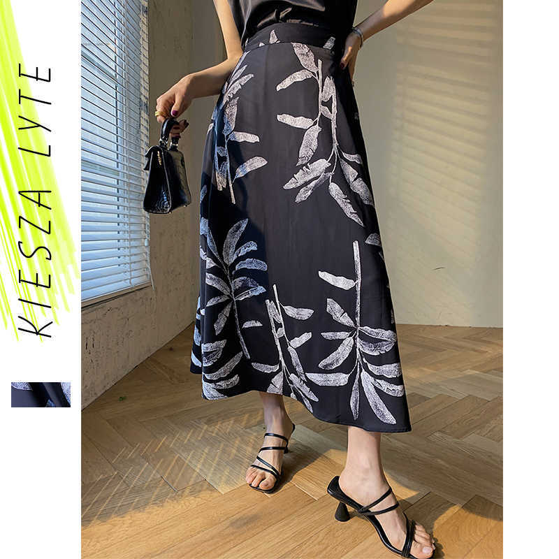 

summer black print skirt female korean style high waist thin chiffon a - line midi skirts 210608