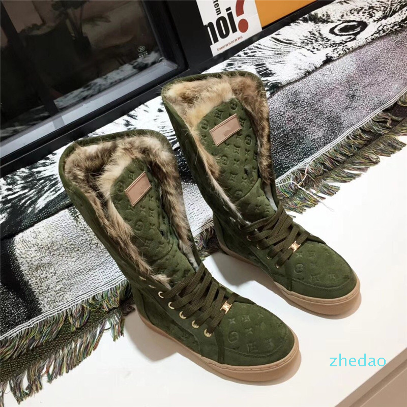 

Designer boots fashion womens green Middle tube warm outdoors shoes