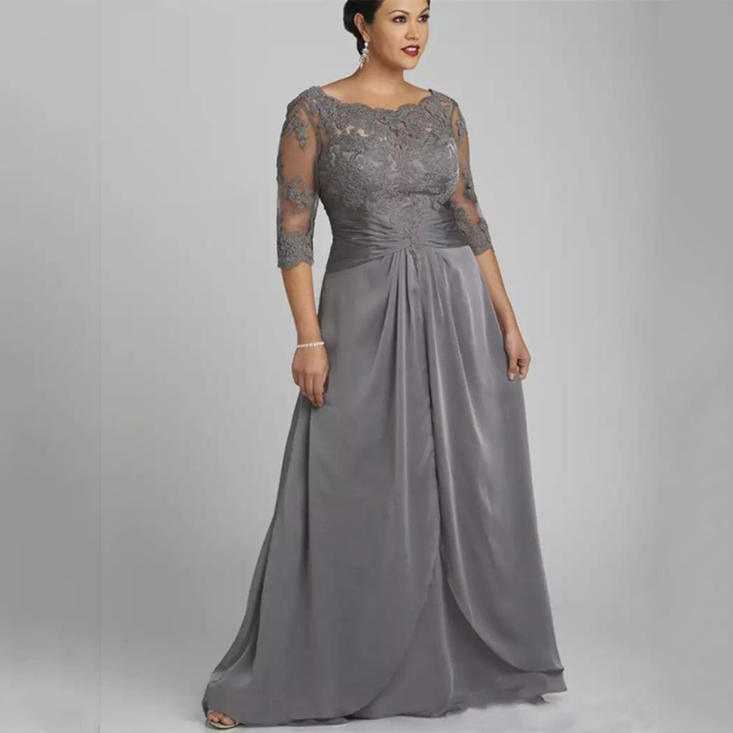 

Gray Plus Size Mother of the Bride Dresses 2021 with 3/4 Sleeves Lace Appliqued Chiffon Floor Length Formal Evening Gowns