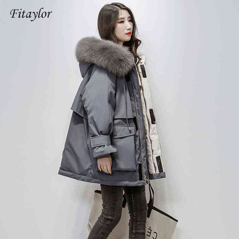 

Large Natural Hooded Winter Jacket Women White Duck Down Thick Parkas Warm Sash Tie Up Snow Coat 211118, Beige brown fur