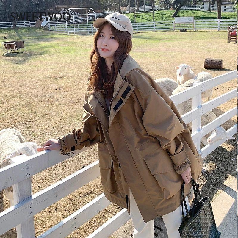 

Women's Trench Coats Hooded Windbreaker Loose Coat 2021 Style Fried Street Fashion Atmosphere Korean Work Casual Jacket Windproof, Tan;black