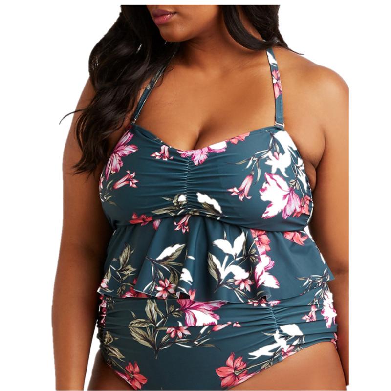 

Women's Swimwear 2021 High Waist Bikini Push Up Swimsuit Women Set Ruffle Printed Plus Size Tankini Two Piece Halter Swim Wear, A0
