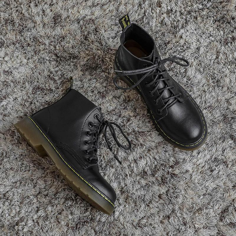 Bottes Royesic Véritable Cuir pour Vache Cuir Pour femmes 2021 Automne All-Match Single Britannique Style Round Toe Botte à lacets à lacets à lac