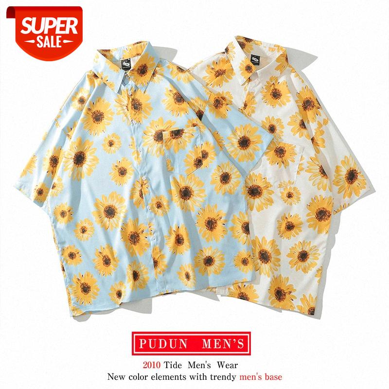 

Japanese sunflower flower inch shirt sunscreen jacket female beach Weiyi couple short-sleeved male #Dv9D, White;black