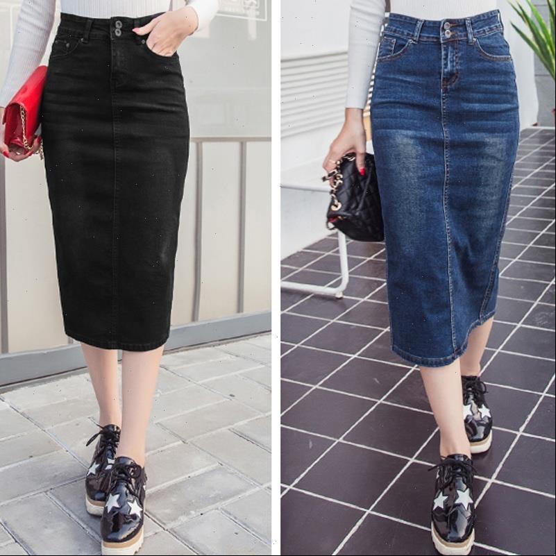 

women skirts denim skirt vintage button high waist black blue slim pencil ladies office jeans long