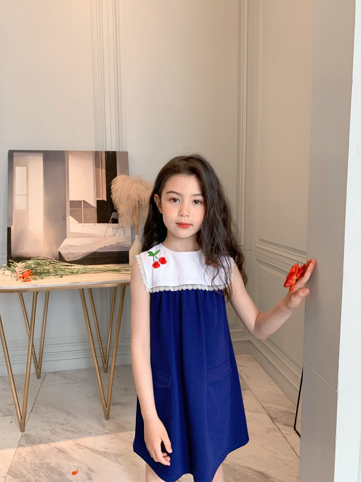 

2021Baby Girls Dress Summer Cotton Kids Girl Dresses Cute Blue Vest skirt children pary Clothing, Red;yellow