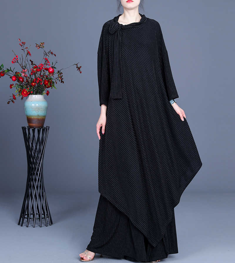 

Summer Plus Size Fashion Silk Solid Stripe Irregular Top + Waist Wide Leg Pants Suit 210615, Black