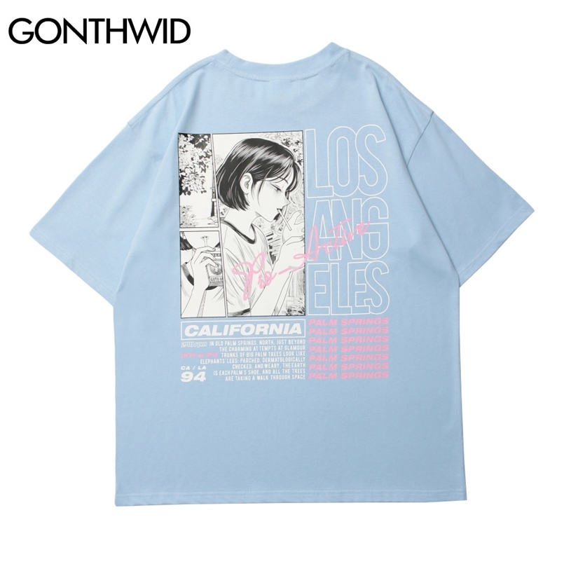 

GONTHWID Tshirts Streetwear Harajuku Casual Men Cartoon Anime Smoking Girl Print Short Sleeve Cotton T-Shirts Hip Hop Tees Tops 210721, Sky blue