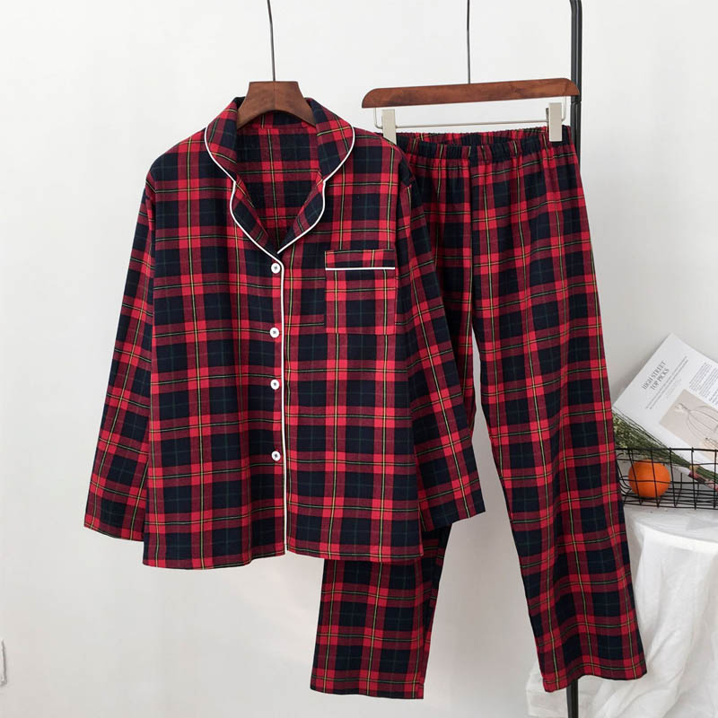 

2021new pajamas for women cotton red plaid print pajamas set long sleeve sleepwear turn-down collar home clothes casual pyjamas suit, Black;red