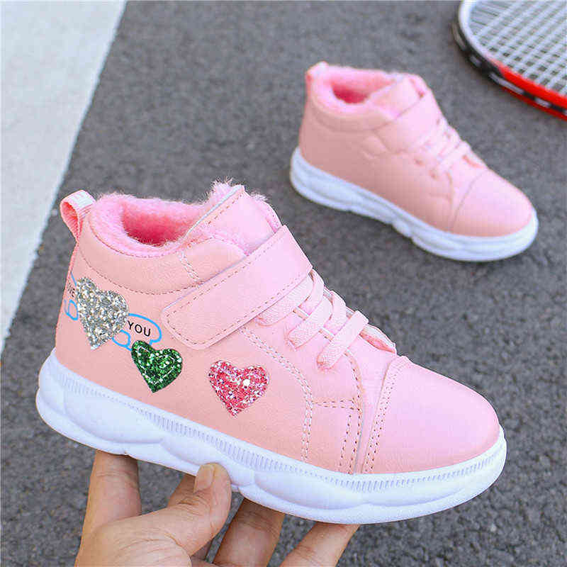 

Winter High Top Warm Boots Fashion Girls Casual Shoes Waterproof Leather Plus Velvet Children Kids Cotton Boots Running Shoe 211108, 2010 white