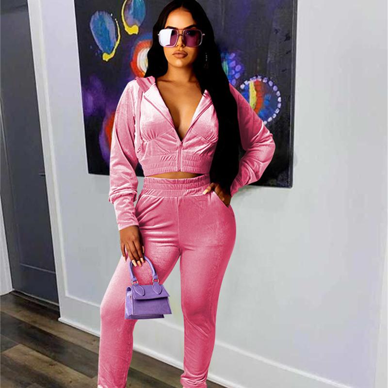 

Women' Two Piece Pants Juicy Coutoure Tracksuit Autumn And Winter Women Casual Flannel With Hood Solid Color Sports Set Leggings, Black