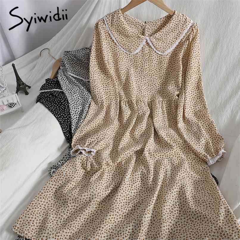 

Fashion Floral Print High Waist Dresses Women Puff Sleeve Peter Pan Collar Bow Lace Up A-line Summer Korean 210607, Beige