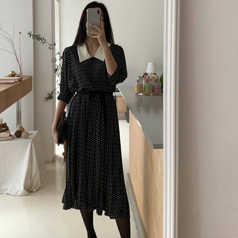 

polka dot print spring womens dresses summer vintage robe femme casual office party pleated vestidos, Black;gray