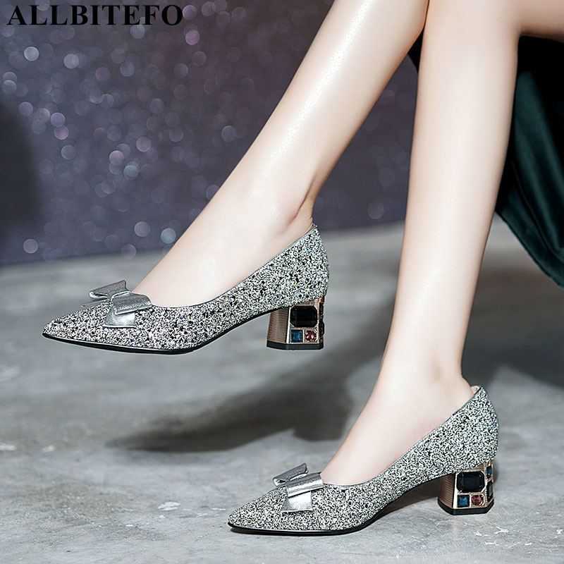

ALLBITEFO Sequins brand high heels wedding women shoes leather inside women high heel shoes bowtie women heels size:33-42 210611, As picture