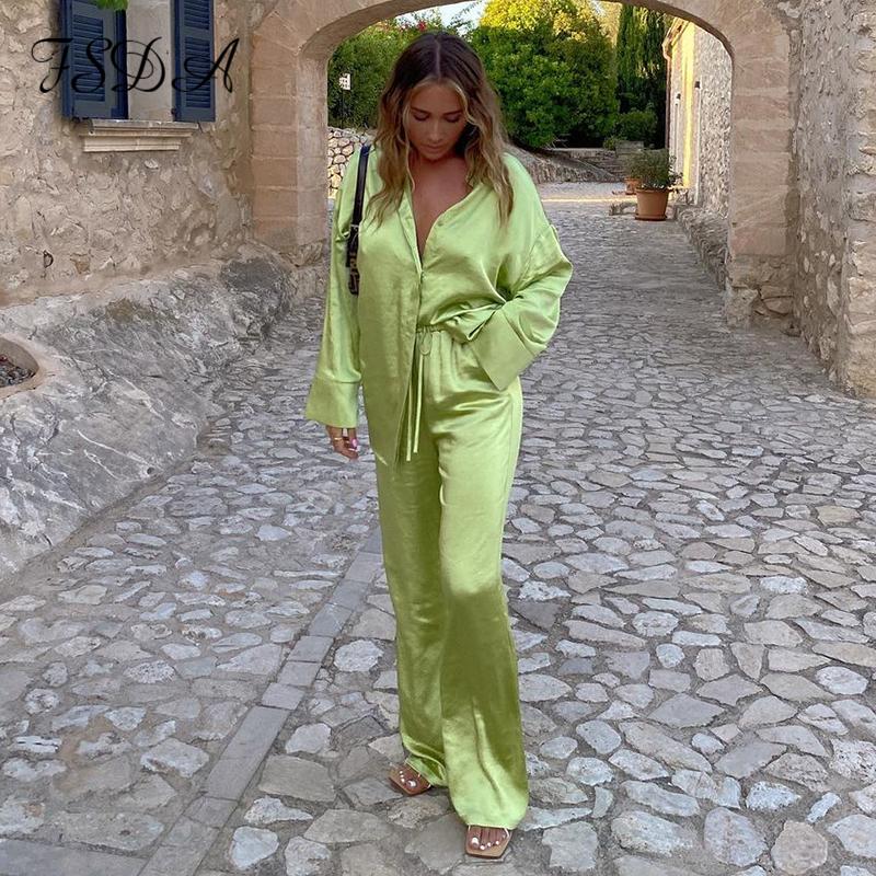 

Women' Two Piece Pants FSDA 2021 Tracksuit Satin Women Long Sleeve Top Shirts And High Waist Elegant Casual Sets Green Party Outfits