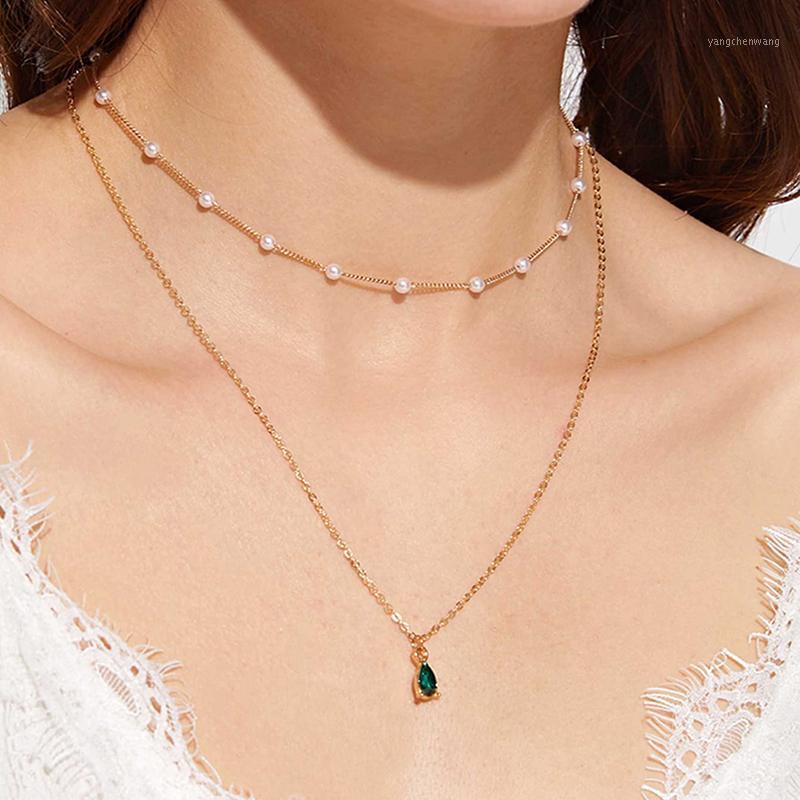 

Chains White Pearl Gold Chain Choker Bohemian Jewelry Luxury Water Drop Rhinestone Pendant Necklace Multilayer For Women 2021
