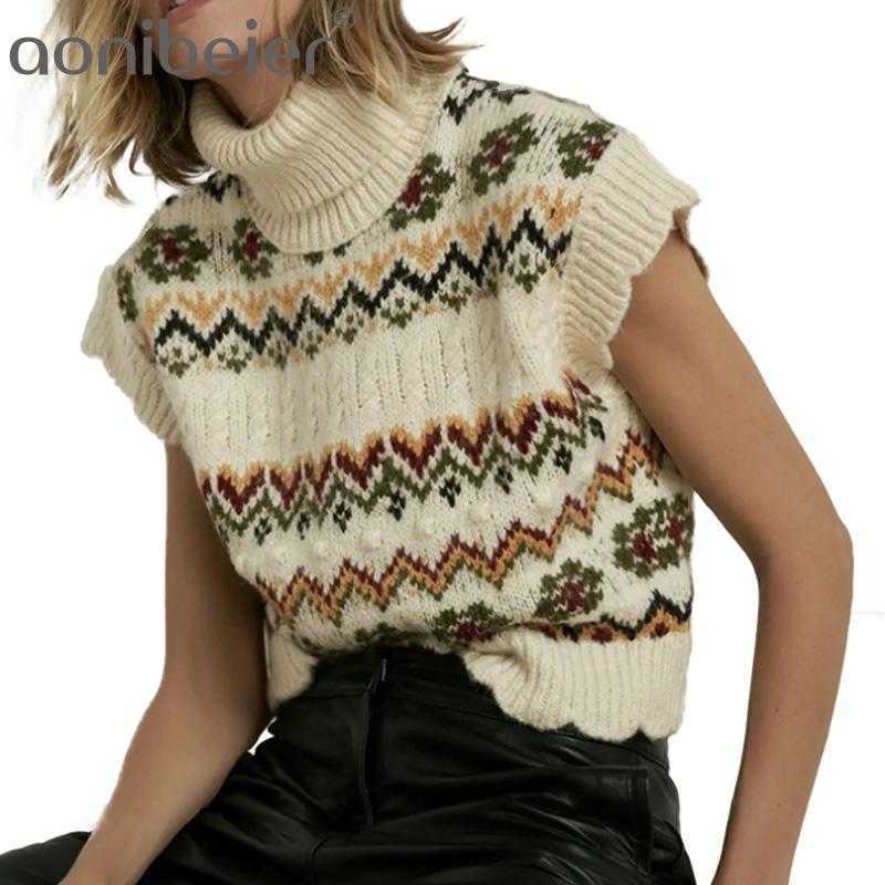 

Women Cable Knit Jacquard Cropped Vest Vintage Sleeveless Ruffle Trim Turtleneck Top Female Chic Streetwear Sweater 210604, Beige