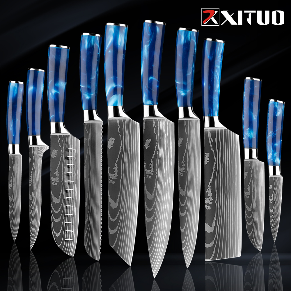 

XITUO 2-10Pcs/Set Kitchen Knife Set Stainess Stee Chef Knife Sharp Santoku Meat Sicing Utiity Knife Bue Resin Hande