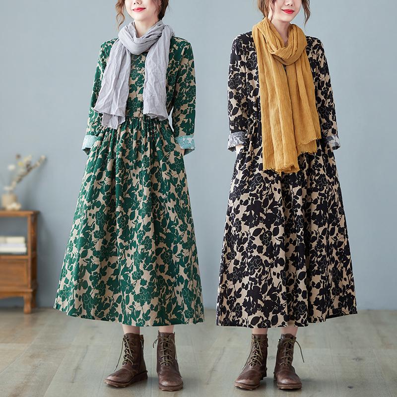

Casual Dresses Vintage Literary Print Waist Slim Dress Spring And Autumn Loose Large Age Reducing Long Skirt, Black