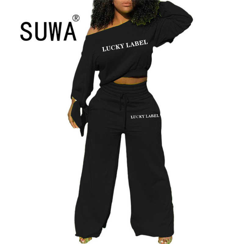 

Lucky Label Clothing Letter Printed Womens Tracksuit Set Long Sleeve Pullover Retro Top Wide Leg Trousers Streetwear 2 Pieces 210525, Black
