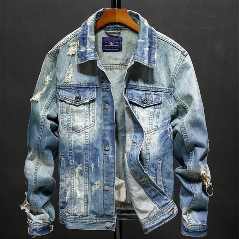 

Men's Jackets High Quality Denim Jacket Men Autumn Winter Fashion Hole Hip Hop Cowboy Streetwear Mens Casacas Para Hombre Clothes, Lt blue