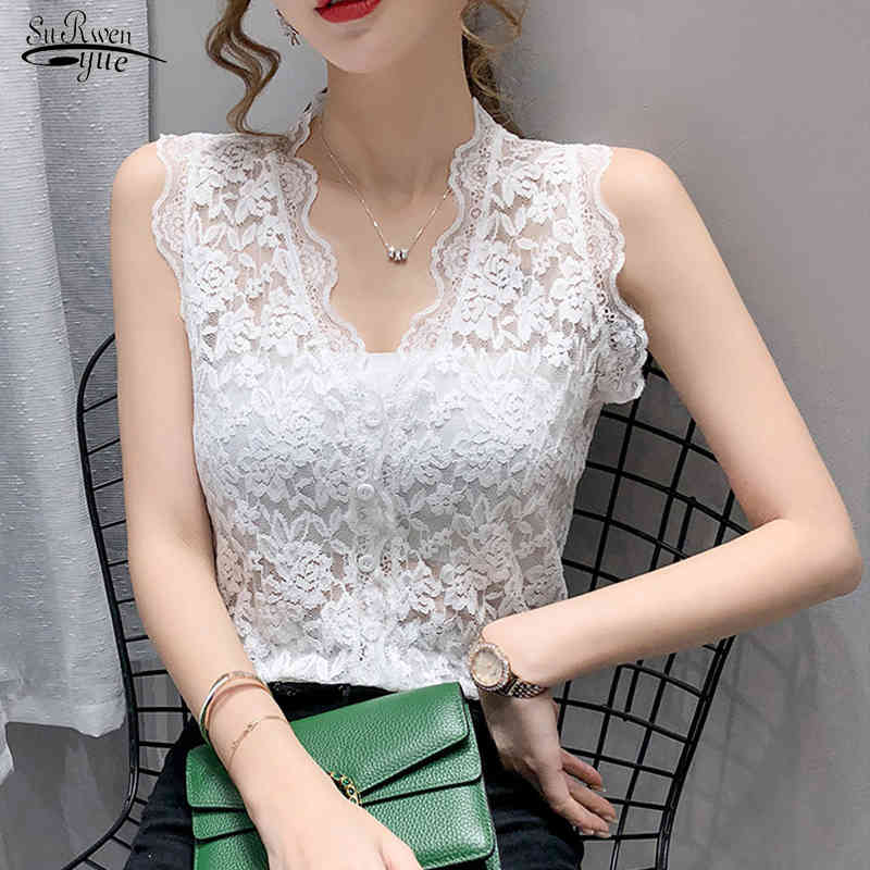 

Summer Women Tank Top Lace Sleeveless Tops Cardigan Slim V-neck Sexy Clothes Korean Bottoming Vest Blusas 13728 210521, Black
