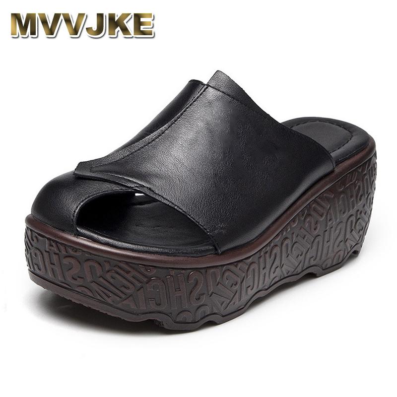 

Slippers MVVJKE Women  CM High Heels Summer Shoes Casual Genuine Leather Retro Handmade Slipper, Black