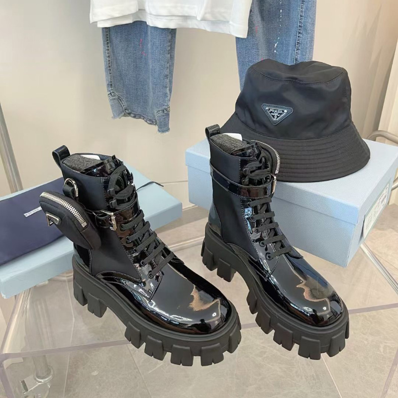 

Monolith polish Leather Nylon pouch Ankle Combat Boots platform Wedges lace-up round Toe block heels Flat booties chunky luxury designer for women factory footwear, Black paint