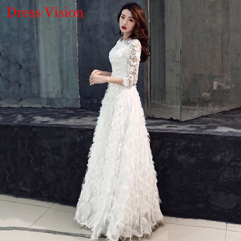 

Robe De Soiree Elegant Llace O-Neck Evening Dresses Three Qquarter Sleeve Floor Length Women Party Gowns, White
