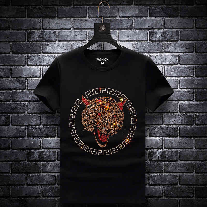 

fashion t shirt 2021 summer men's short sleeve drilling wolf head social youth large size base shirt, White;black