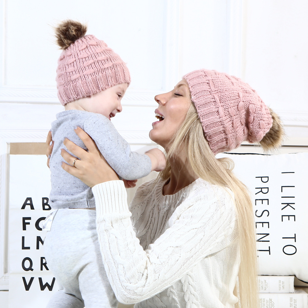 

Fashion Parent-child Caps Cute Infant Baby Winter Double Fur Ball Hat Mother Kids Knitted Warm Hats Newborn Beanie Cap XDJ077, Multi