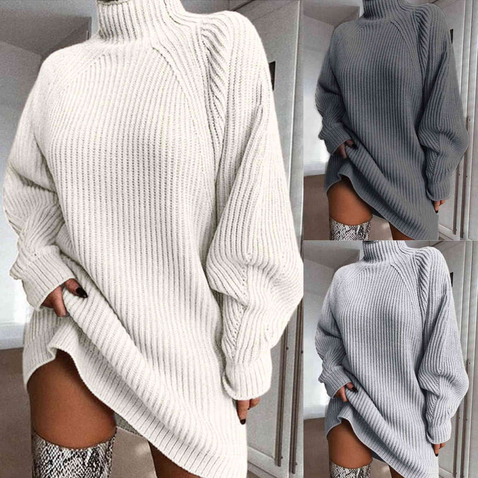 

2020 Fashion Sweater Women Turtleneck Long Sleeve Sweater Dress Women Autumn Winter Loose Tunic Knitted Dress Pullover Jumper Y1110, Black