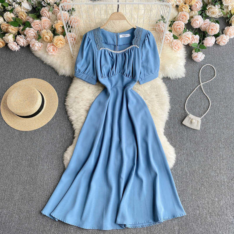 

Summer Blue/Pink/Beige Lace Patchwork Beading Dress Women Vintage Square Collar Short Puff Sleeve A-Line Slim Vestidos 2021 New Y0603, Yellow