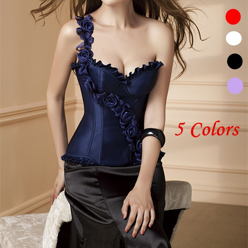 

Woman Bustiers Women Sexy Rose One Shoulder Bustiers Corset Burlesque Lingerie Gothic Lace Up Overbust Body Shapewear Victorian Corset Vinta, Red