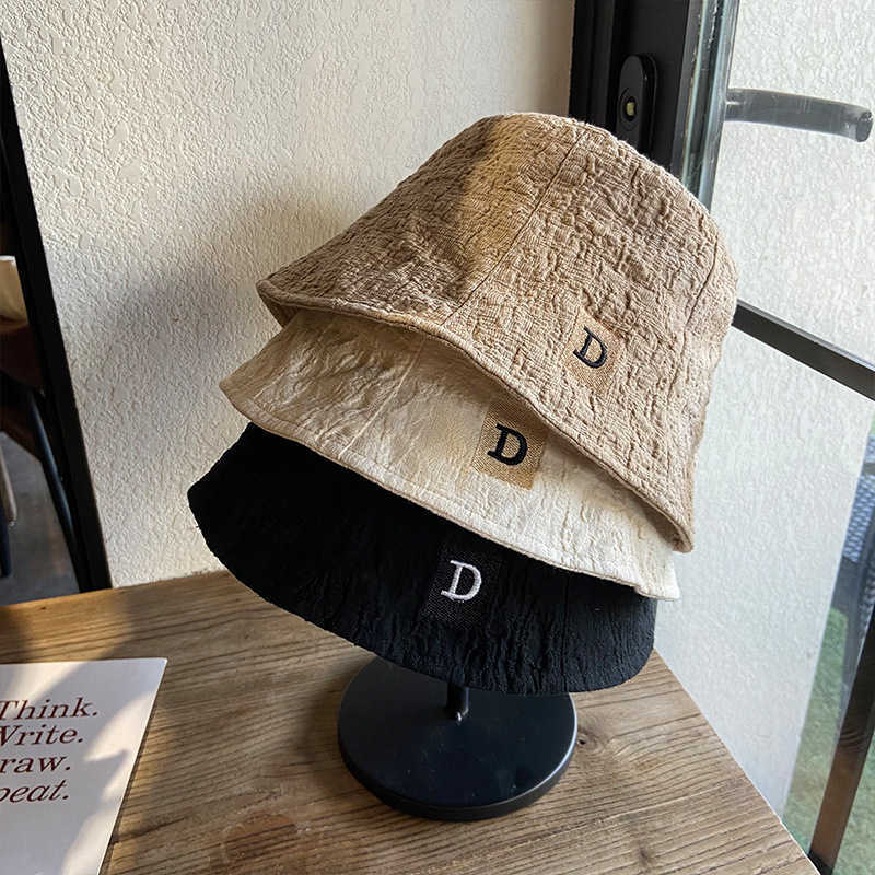 

Pleated Fisherman Hat Women's summer minority thin style large head circumference embroidered letter bucket basin hat sunscreen balenciaga, Beige