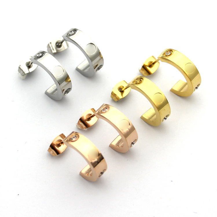 

New fashion Titanium steel 18K rose gold love earrings for woman exquisite simple fashion C diamond ring lady earrings jewelry gift with box