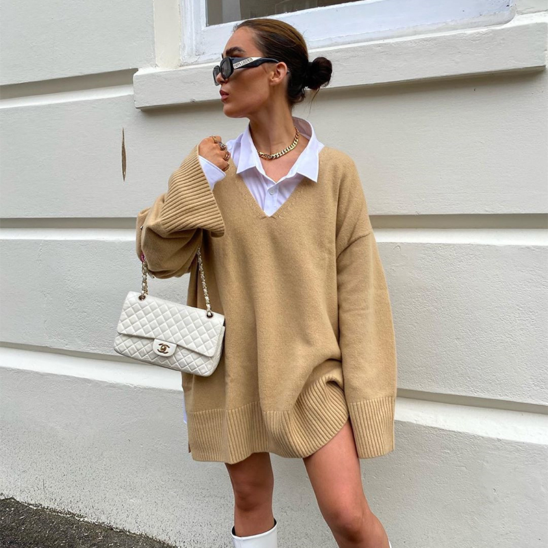 

2021v neck knitted oversized mini dress sweater women khaki 2021 long sleeve loose autumn winter fashion casual dresses, Black;gray