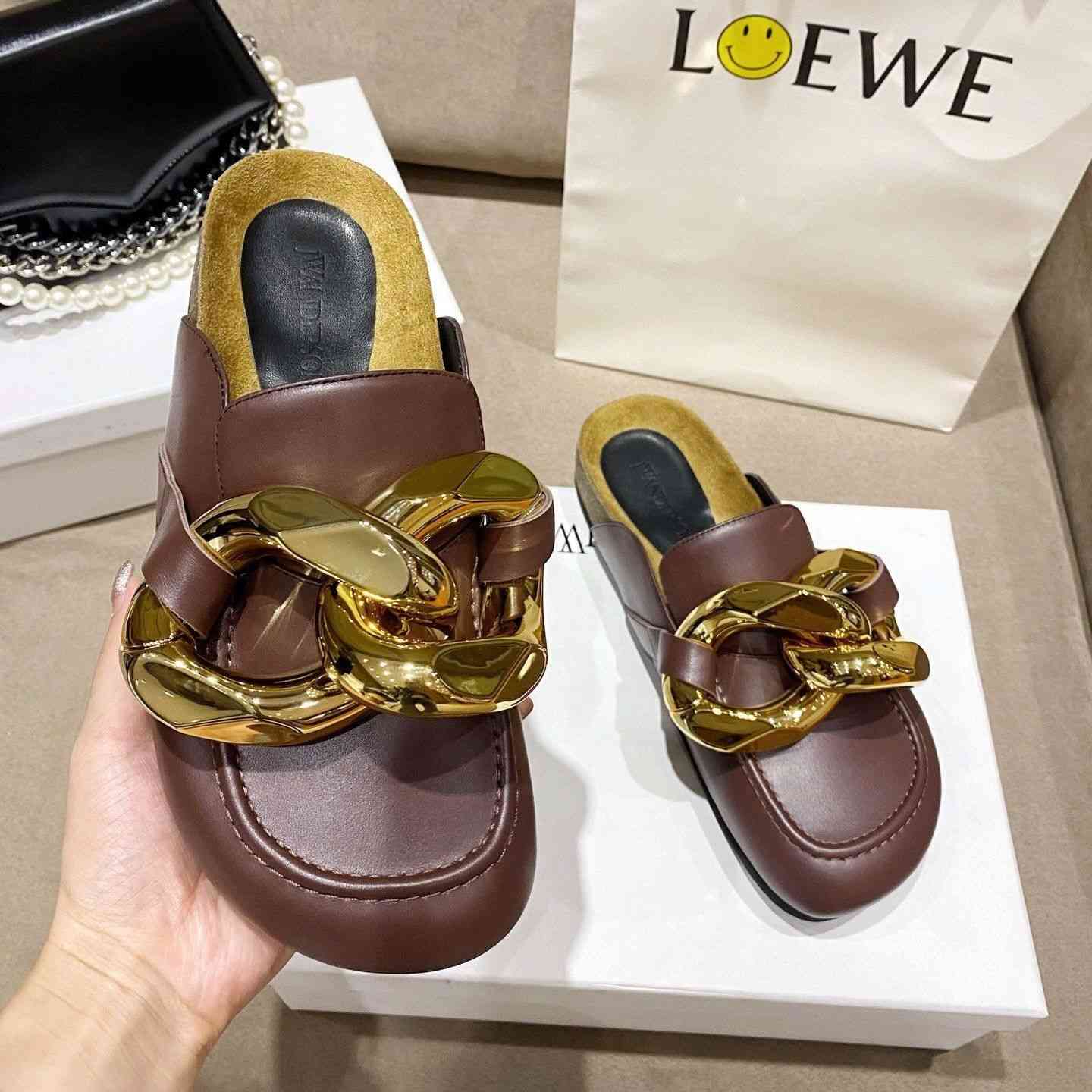 

JW big chain Baotou slippers women's new round head bread half slippers in autumn and winter Ysj, Black