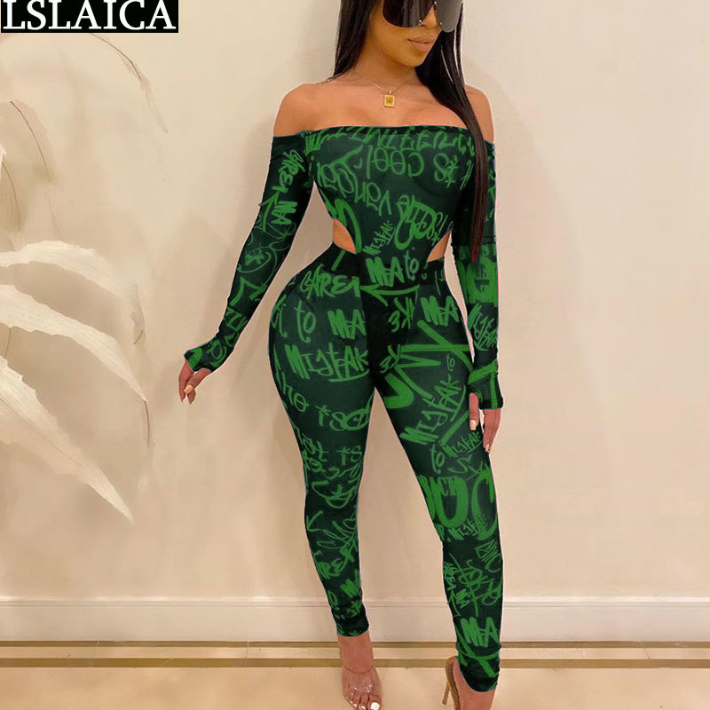 

Off The Shoulder Long Sleeve Tops&long Pants Women 2 Piece Set Letter Print Hollow Out Sexy Fashion Clothing Sets Summer 210520, Green