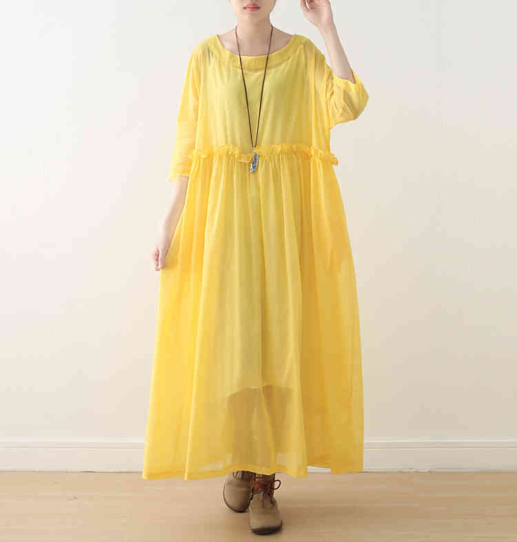 

Johnature Casual Women Clothes A-line Summer Dress Solid Half Sleeve Mid-calf O-neck Loose Pleated Simple Cotton Women Dress 210521, Yellow
