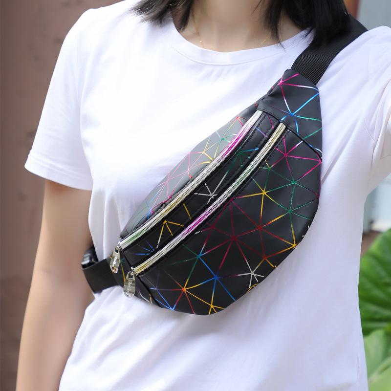 

Waist Bag Sports Female PU Fanny Pack Colorful Geometric Laser Multi-Layer Outdoor Crossbody Belt Bags Bright Leather Unisex