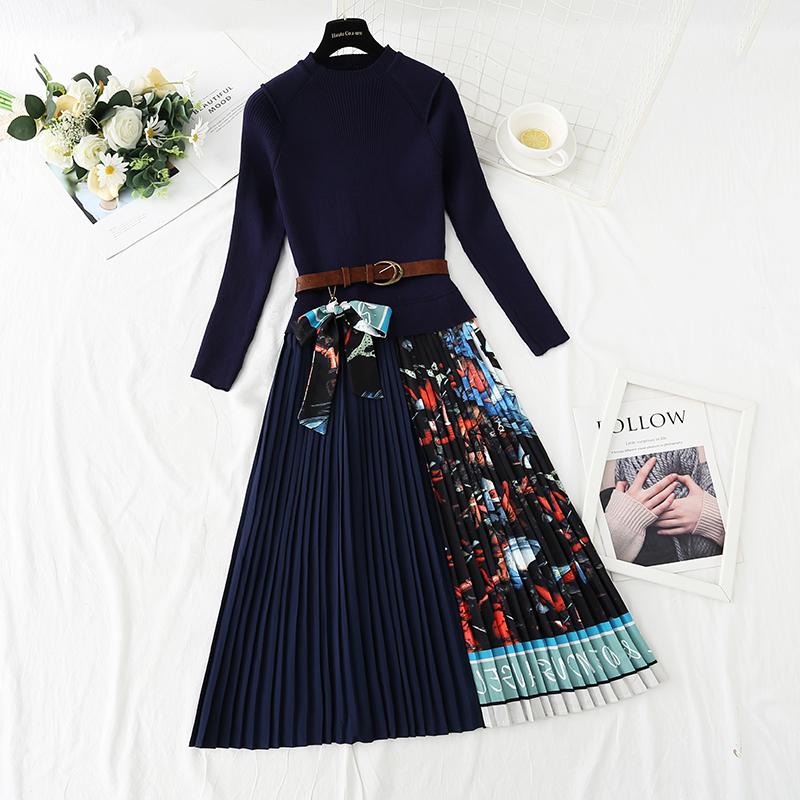 

Casual Dresses Runway Designer Knitted Pleated Dress Patchwork O-neck Long Sleeve Flower Print Women Autumn Winter Sweater Belted M11111, Black