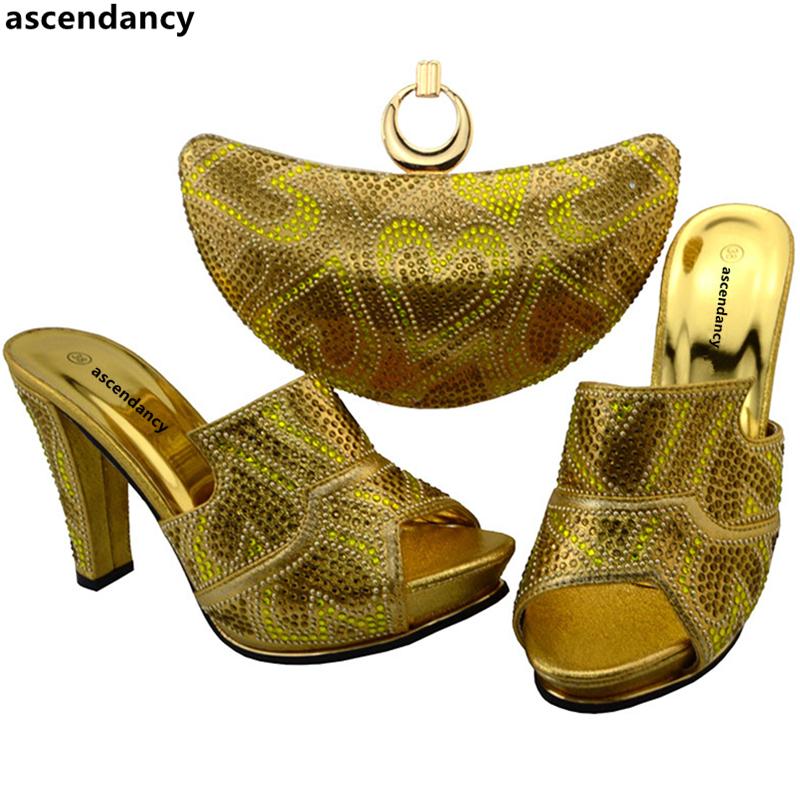 

Dress Shoes Arrival Gold Color Ladies Italian And Bag Set Decorated With Rhinestone Matching Shoe Stone, Black