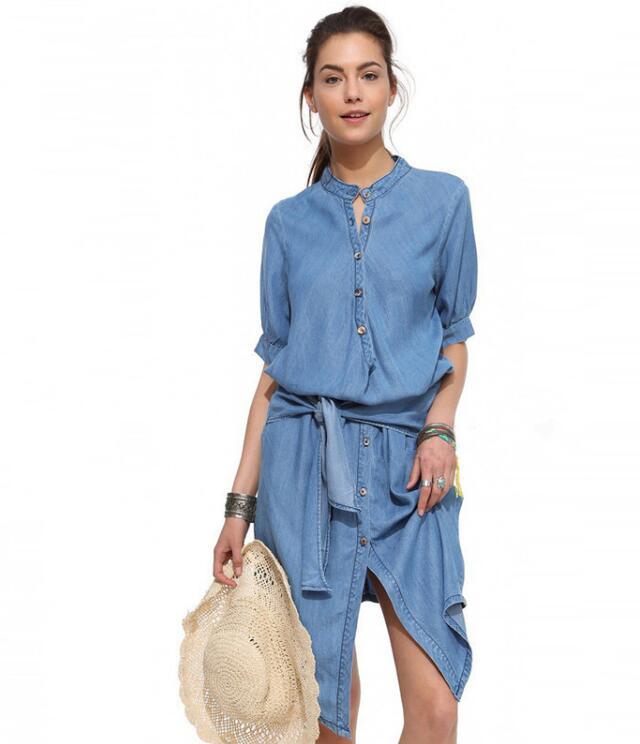 

Casual Dresses Ladies Fashion Long Sleeve O Neck Sashes Demin Dress Straight, As pic