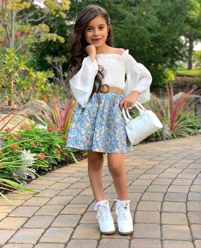 

stylish girls 2pcs summer clothes set, solid color flared sleeve ruffled boat neck with flower printed skirt 1-6years, White
