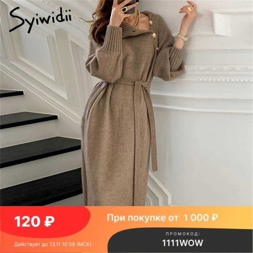 

Syiwidii Knitting Dress for Woman Fall Vintage Turtleneck Button Up Long Sleeve Casual Sweater Midi Dresses with Belt 211109, Apricot